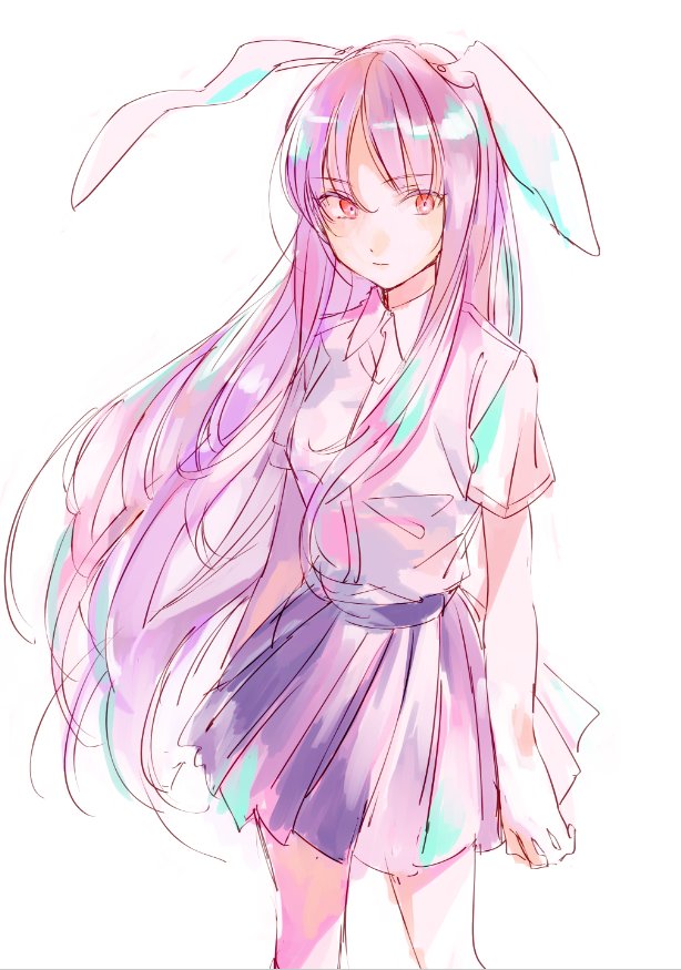 1girl aimai-me animal_ears breasts collared_shirt cowboy_shot expressionless long_hair pink_hair rabbit_ears red_eyes reisen_udongein_inaba shirt sketch skirt solo touhou white_background