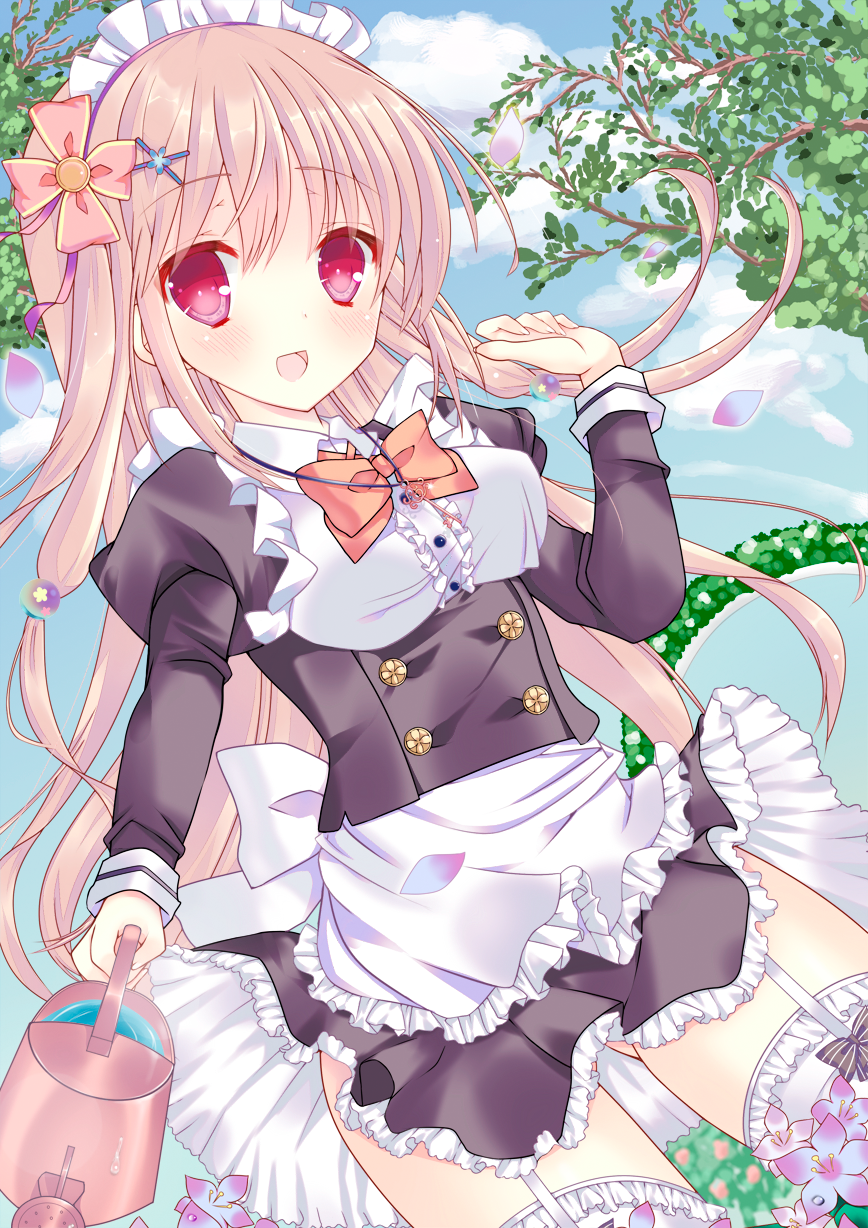 1girl bangs blue_sky blush bow bowtie breasts buttons clouds commentary_request cowboy_shot day dress dutch_angle eyebrows eyebrows_visible_through_hair flower frilled_dress frills garter_straps gluteal_fold hair_flower hair_ornament hand_up highres holding juliet_sleeves leaf long_hair long_sleeves looking_at_viewer maid maid_headdress medium_breasts moe2015 nature open_mouth original outdoors pink_bow pink_bowtie pink_hair puffy_sleeves red_eyes satsuki_mayuri sidelocks sky smile solo standing thigh-highs tree water watering_can white_legwear x_hair_ornament