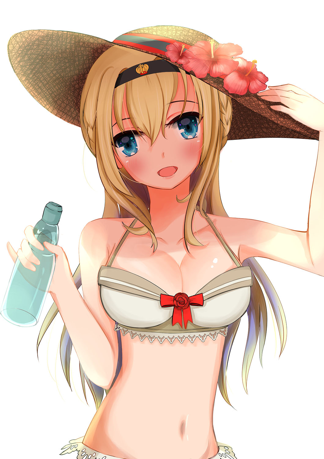 1girl :d bangs bikini_top blonde_hair blue_eyes blush bow_bikini breasts cleavage collarbone flower hair_between_eyes hair_flower hair_ornament halterneck hand_on_headwear hat headband hibiscus highres kantai_collection long_hair medium_breasts navel open_mouth ramune rose satsukikyo sidelocks simple_background smile straw_hat summer swimsuit upper_body warspite_(kantai_collection) white_background