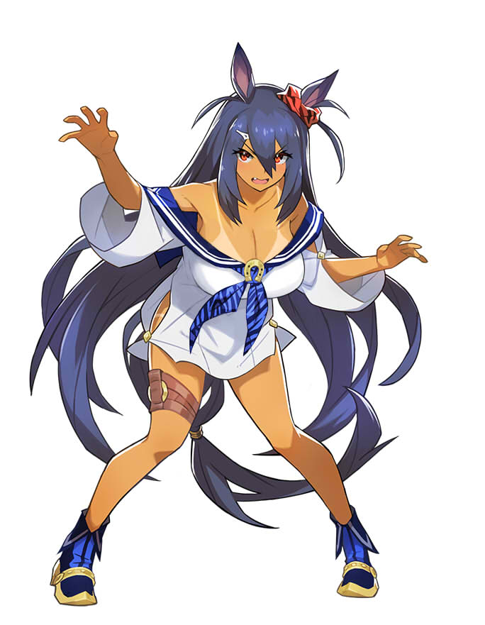 1girl animal_ears bare_shoulders blue_hair blush breasts cleavage hair_ornament large_breasts long_hair mikasayaki off_shoulder open_mouth outstretched_arms red_eyes school_uniform scrunchie serafuku shoes simple_background solo tan tanline thigh_strap white_background
