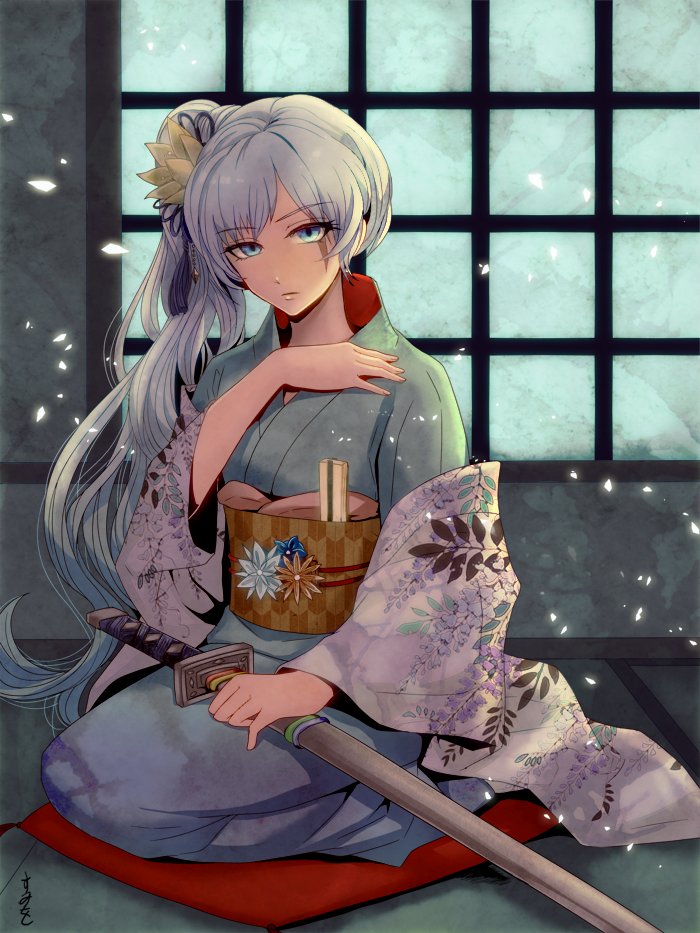 blue_eyes fan floral_print folding_fan hair_ornament japanese_clothes katana kimono long_hair petals rwby scar sumiwow sword weapon weiss_schnee white_hair