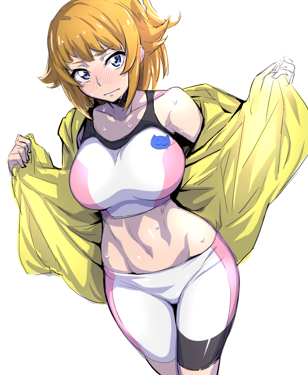 1girl bike_shorts blue_eyes blush breasts brown_hair closed_mouth collarbone cowboy_shot groin gundam gundam_build_fighters gundam_build_fighters_try highres hoshino_fumina jacket large_breasts looking_at_viewer midriff nakahira_guy navel nose_blush open_clothes open_jacket ponytail short_hair solo sports_bra stomach sweat white_background yellow_jacket