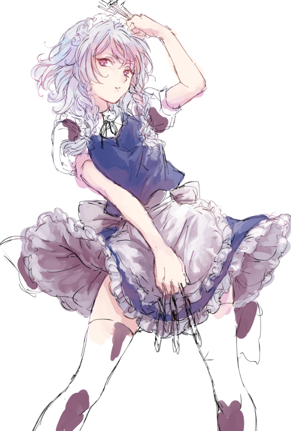 1girl aimai-me apron braid cowboy_shot frills izayoi_sakuya knife knives_between_fingers looking_at_viewer maid_apron maid_headdress open_mouth red_eyes short_hair silver_hair sketch solo thigh-highs touhou twin_braids vest white_background