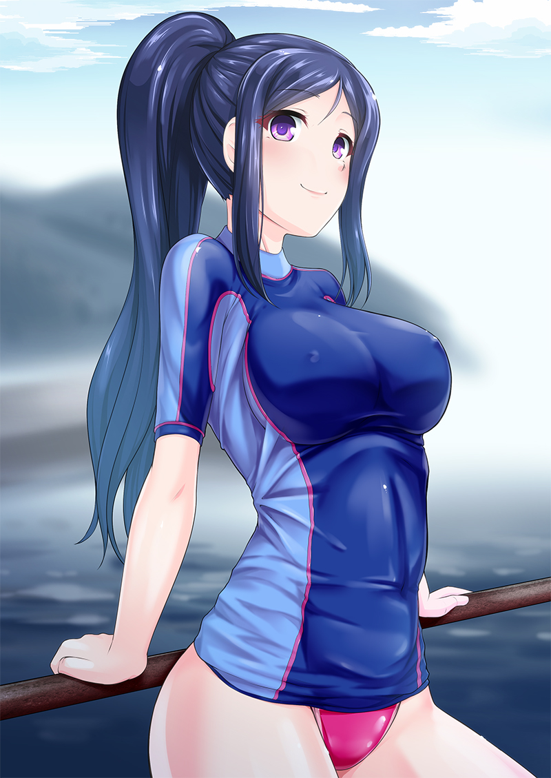 1girl 8000 blue_hair competition_swimsuit erect_nipples long_hair love_live! love_live!_sunshine!! matsuura_kanan one-piece_swimsuit ponytail railing shirt solo standing swimsuit swimsuit_under_clothes t-shirt violet_eyes