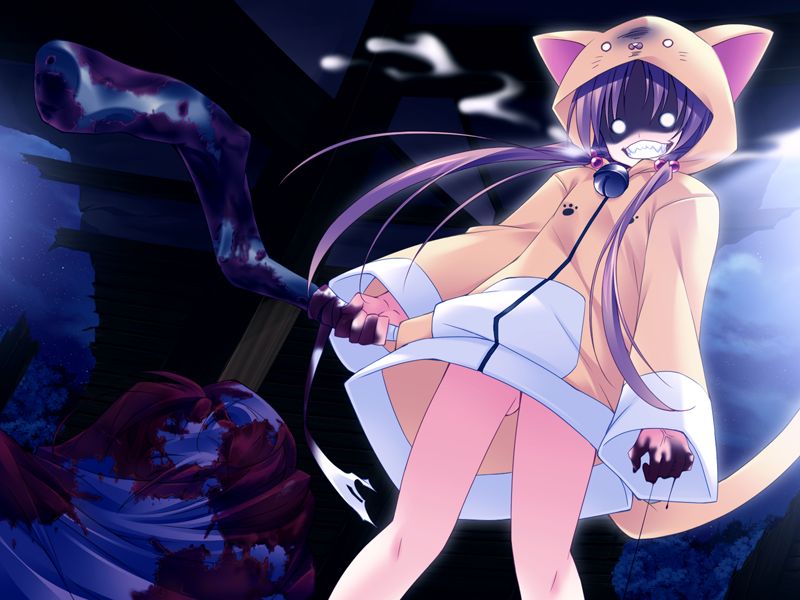 1girl anger_vein animal_hood bell blank_eyes blood blood_splatter bloody_clothes bloody_hands bloody_weapon breath character_request crazy_grin game_cg grin hair_ornament harukazedori_ni_tomarigi_wo hinata_mutsuki hood hoodie lead_pipe night pipe purple_hair rubble shaded_face sharp_teeth smile teeth weapon
