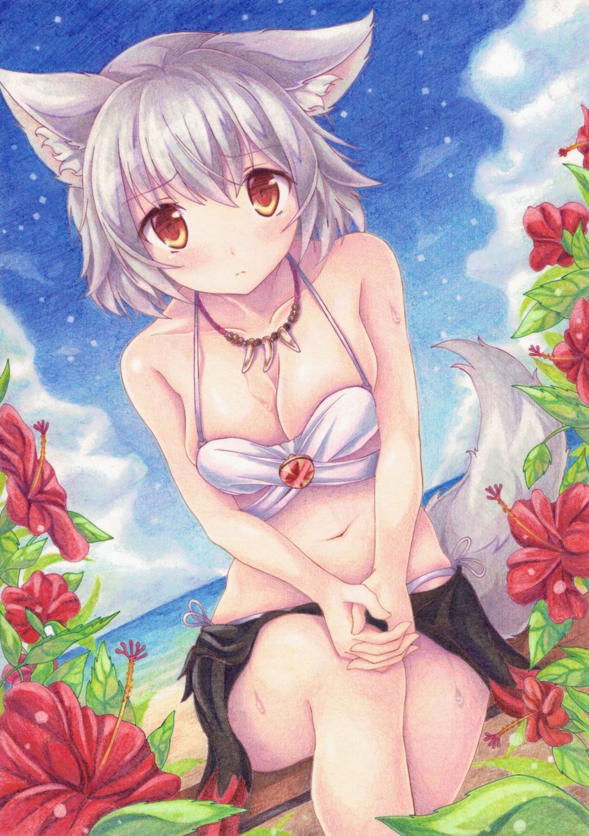 1girl alternate_costume animal_ears bare_shoulders bench bikini blush breasts cleavage clouds cloudy_sky dutch_angle eyebrows eyebrows_visible_through_hair graphite_(medium) highres inubashiri_momiji jewelry kittona looking_at_viewer midriff millipen_(medium) navel necklace outdoors red_eyes sarong short_hair silver_hair sitting sky solo sweat swimsuit tail thighs touhou traditional_media watercolor_pencil_(medium) white_bikini white_hair wolf_ears wolf_tail