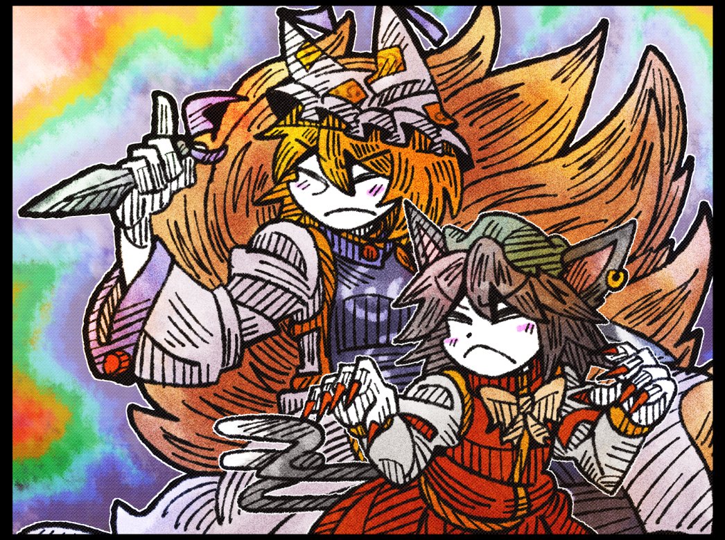 2girls animal_ears black_border blonde_hair blush blush_stickers border bow bowtie brown_hair cat_ears cat_tail chen closed_eyes fighting_stance fox_tail green_hat hair_between_eyes hat index_finger_raised juliet_sleeves kunai line_shading long_sleeves multiple_girls multiple_tails nail_polish orange_bow orange_bowtie pillow_hat pose puffy_sleeves rainbow_background red_nails sharp_nails short_hair suenari_(peace) tabard tail touhou two_tails weapon white_skin wide_sleeves yakumo_ran