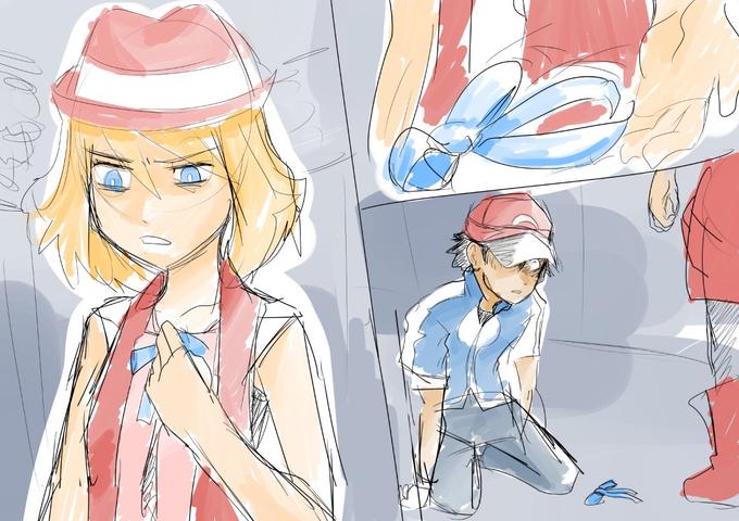 1boy 1girl artist_request black_hair blonde_hair blue_bow blue_eyes boots bow collarbone comic disgust eyes furrowed_eyebrows glaring hat kneeling looking_at_another pokemon red red_shirt red_skirt ribbon satoshi_(pokemon) serena_(pokemon) shirt sketch skirt wide-eyed