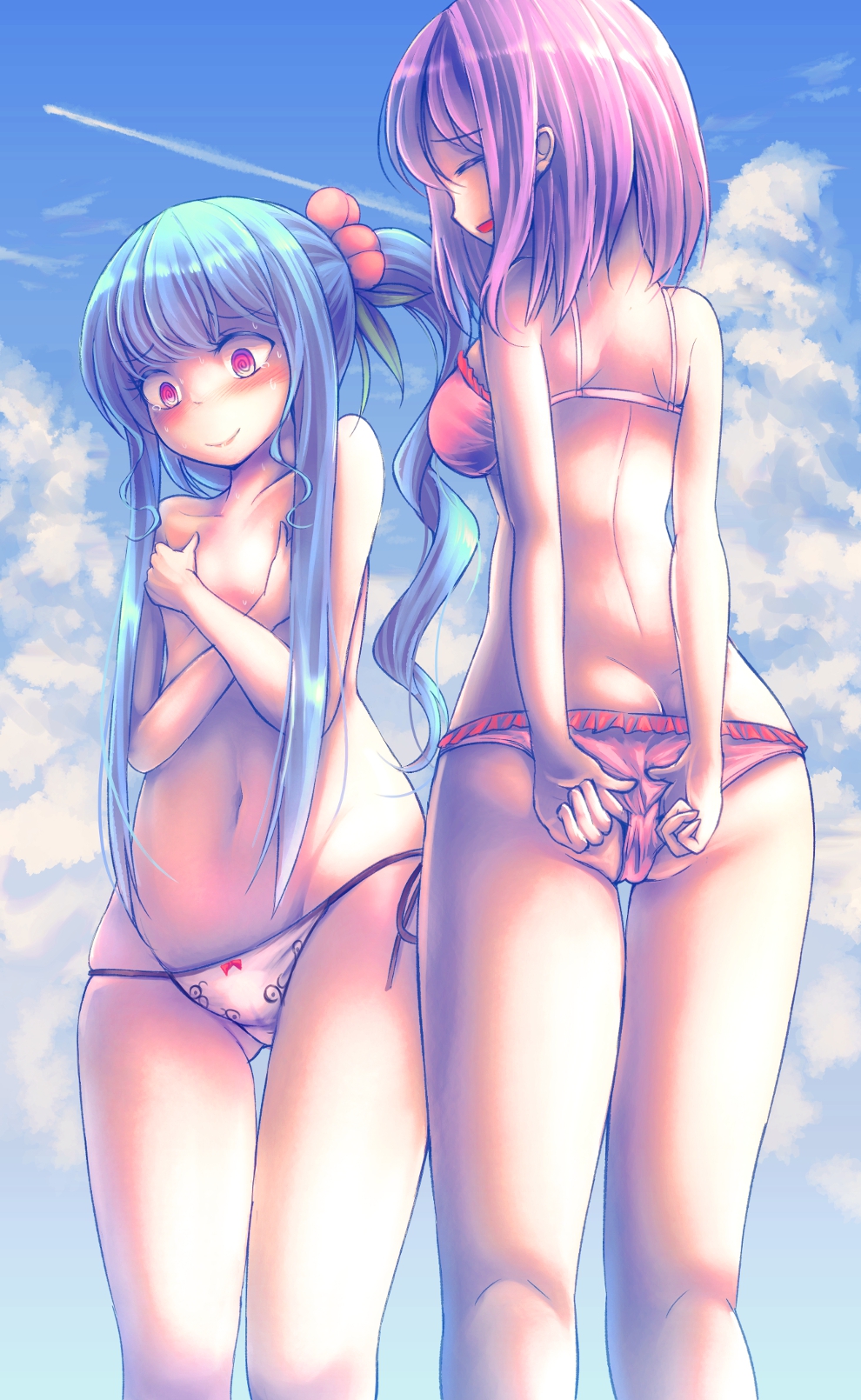 2girls @_@ adjusting_clothes adjusting_swimsuit alternate_costume alternate_hairstyle ass back bikini bikini_pull bikini_top_removed blue_sky blush bow_bikini breast_conscious breast_envy breasts butt_crack closed_eyes clouds condensation_trail covering covering_chest day embarrassed flat_chest food food_on_head frilled_bikini frills fruit fruit_on_head gluteal_fold highres hinanawi_tenshi kneepits lips long_hair long_ponytail medium_breasts multiple_girls nagae_iku navel object_on_head open_mouth peach pink_bikini pink_eyes ponytail purple_hair short_hair sidelocks skindentation sky smile stomach string_bikini swimsuit t.m_(aqua6233) tears thigh_gap thighs topless touhou very_long_hair wedgie white_bikini wide_hips