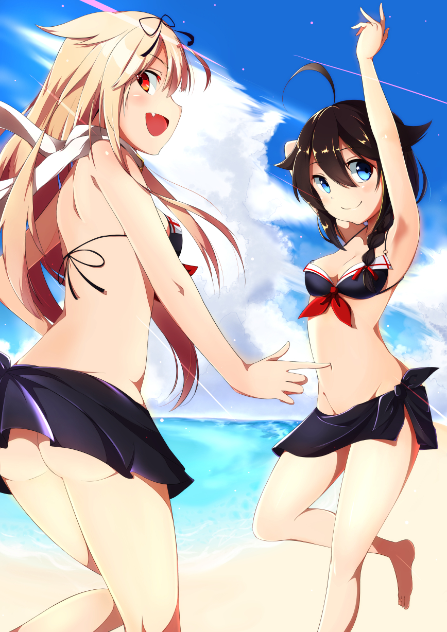 2girls ahoge armpits arms_at_sides arms_up ass bare_arms bare_shoulders beach bikini black_bikini black_ribbon blonde_hair blue_eyes blush braid breasts brown_hair cleavage clouds cloudy_sky collarbone day fang from_behind gradient_hair hair_between_eyes hair_flaps hair_ribbon highres kantai_collection long_hair looking_at_viewer multicolored_hair multiple_girls nyum ocean open_mouth outdoors outstretched_hand red_eyes redhead remodel_(kantai_collection) ribbon sarong scarf shigure_(kantai_collection) single_braid sky smile swimsuit thighs white_scarf yuudachi_(kantai_collection)