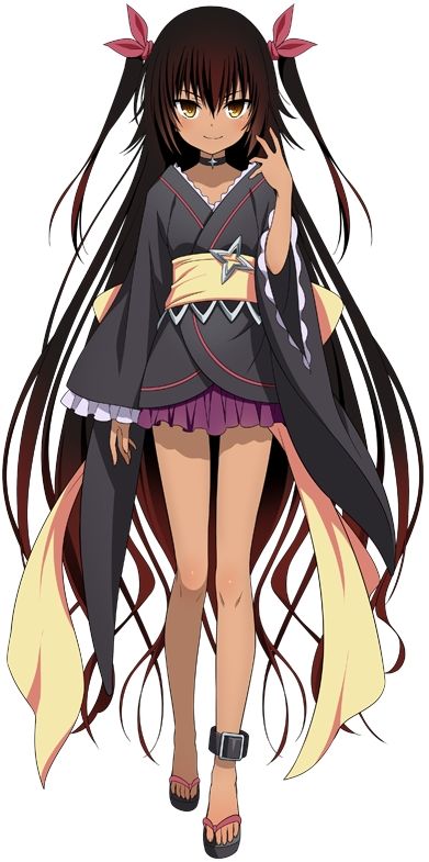 1girl anklet bare_legs black_hair blush dark_skin japanese_clothes jewelry long_hair long_sleeves looking_at_viewer master_nemesis sandals sketch smile solo to_love-ru to_love-ru_darkness to_love-ru_idol_revolution twintails wide_sleeves