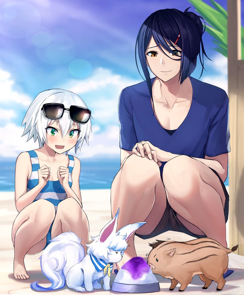 1boy 1girl :d animal arms_up assassin_of_black beach black_hair blue_shirt blush boar caster_(fate/prototype_fragments) fate/apocrypha fate/grand_order fate/prototype fate/prototype:_fragments_of_blue_and_silver fate_(series) fou_(fate/grand_order) four_(fate/grand_order) glasses green_eyes one-piece_swimsuit open_mouth shaved_ice shijiu_(adamhutt) shirt short_hair short_sleeves shorts smile squatting striped striped_swimsuit sunglasses swimsuit t-shirt tied_hair trap white_hair yellow_eyes