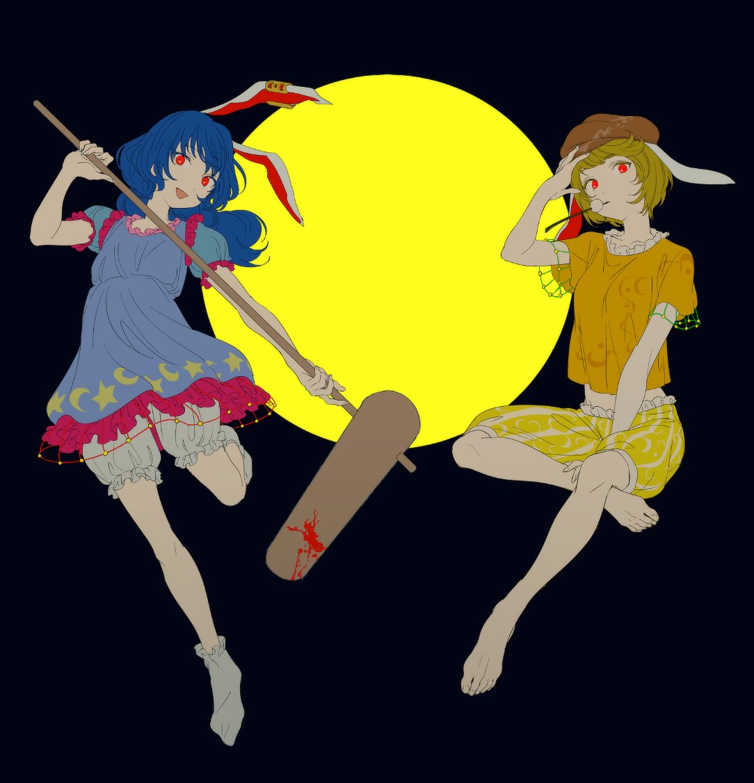 2girls aimai-me animal_ears blonde_hair bloomers blue_dress blue_hair dango dress ear_clip flat_cap food full_moon hat kine long_hair mallet moon multiple_girls night open_mouth rabbit_ears red_eyes ringo_(touhou) seiran_(touhou) shirt short_dress short_hair shorts smile touhou underwear wagashi