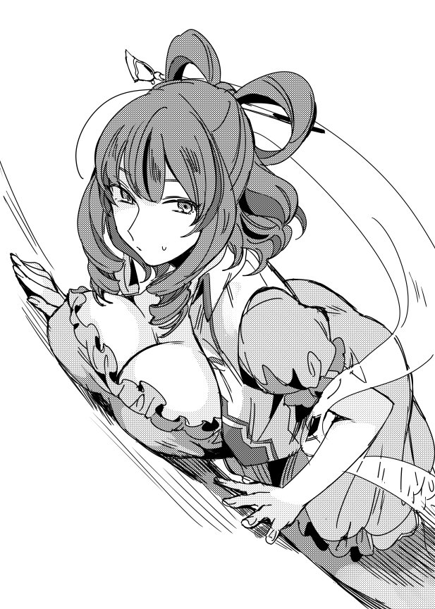 1girl against_wall aimai-me breast_press breasts cleavage cleavage_cutout dithering dress drill_hair from_above greyscale hagoromo hair_ornament hair_stick kaku_seiga large_breasts looking_to_the_side monochrome sash shawl short_hair solo sweatdrop touhou twin_drills white_background