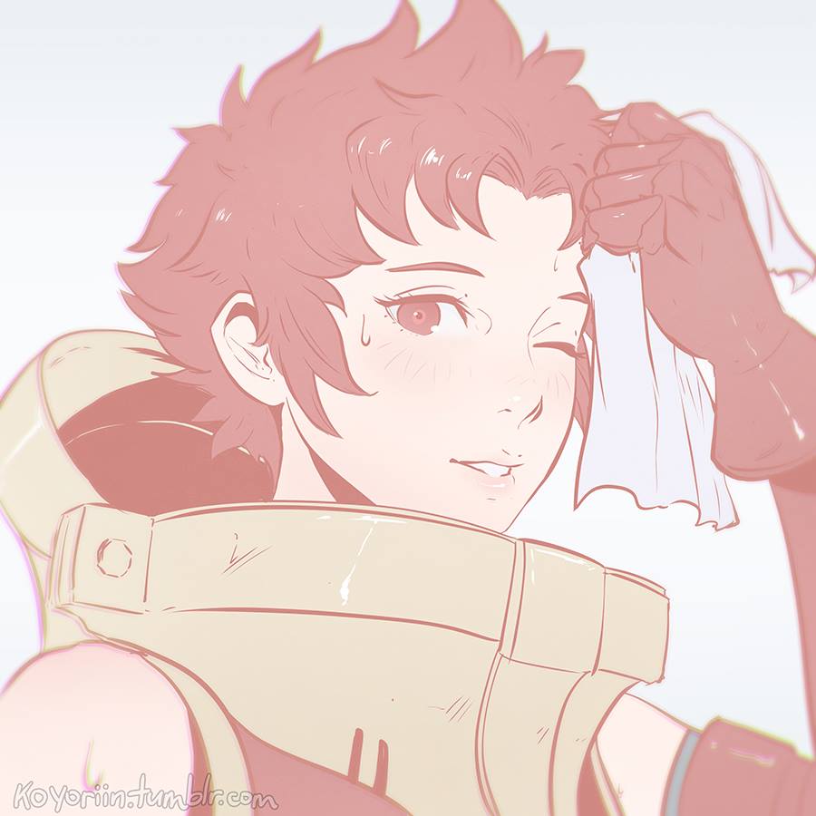 1girl armor artist_name bare_shoulders cloth female fire_emblem fire_emblem:_kakusei flat_color koyorin looking_at_viewer one_eye_closed pale_color portrait red_eyes redhead short_hair simple_background sketch soiree solo sweat upper_body watermark web_address white_background