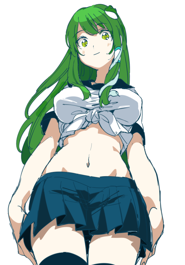 1girl aimai-me arms_at_sides black_legwear blush breasts cowboy_shot frog_hair_ornament from_below front-tie_top green_eyes green_hair groin hair_ornament hair_tubes kochiya_sanae large_breasts long_hair looking_at_viewer looking_down matching_hair/eyes midriff navel school_uniform serafuku shirt sketch skirt smile snake_hair_ornament solo thigh-highs thigh_gap tied_shirt touhou white_background zettai_ryouiki