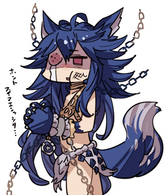 1girl :t ahoge animal_ears bangs benitama blue_hair bound bound_wrists chains fenrir_(shingeki_no_bahamut) granblue_fantasy hair_between_eyes head_bump long_hair open_mouth paws red_eyes shaded_face shingeki_no_bahamut simple_background skirt solo tail tears text translation_request very_long_hair white_background wolf_ears wolf_paws wolf_tail