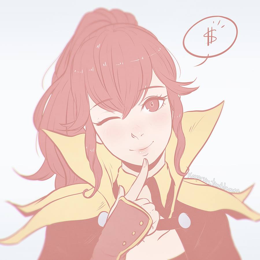 1girl anna_(fire_emblem) artist_name cape collarbone dollar_sign eyebrows eyelashes female finger_to_face fingerless_gloves fire_emblem fire_emblem:_kakusei flat_color gloves koyorin long_hair one_eye_closed pale_color ponytail portrait red_eyes redhead simple_background sketch smile solo upper_body watermark web_address white_background wink