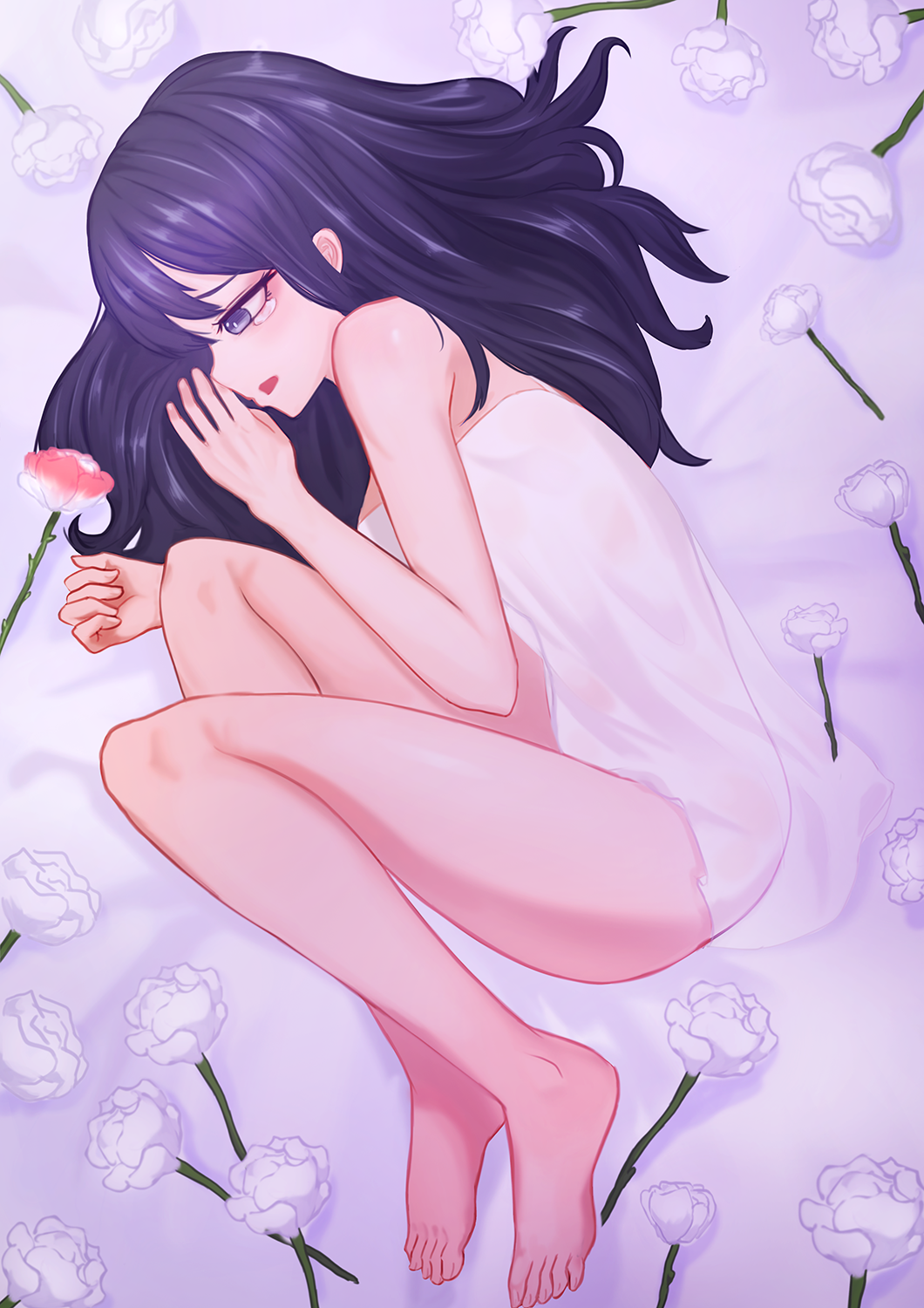 1girl bare_shoulders bent_knees black_hair chemise daydream_(zhdkffk21) dorei_to_no_seikatsu_~teaching_feeling~ flower flower_request highres long_hair lying no_scar on_side open_mouth sideways_mouth solo sylvie_(dorei_to_no_seikatsu) tears violet_eyes