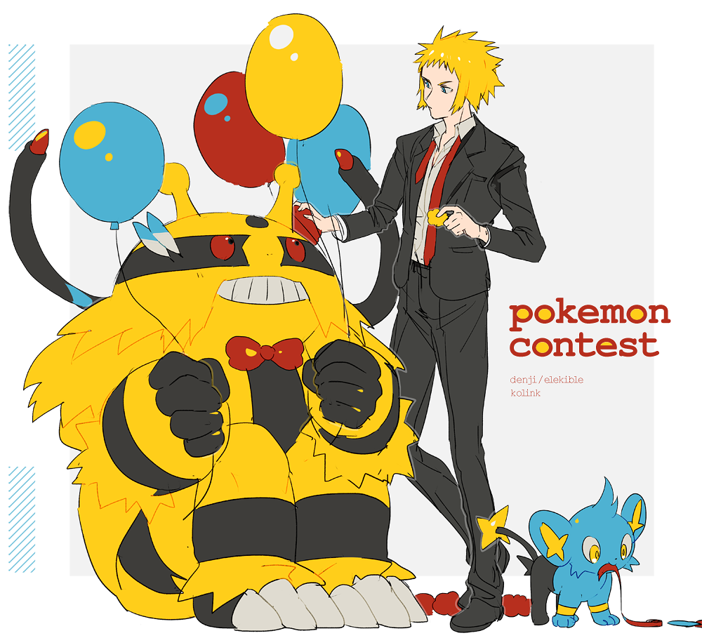 00s 1boy blonde_hair blue_eyes bow bowtie character_name denji_(pokemon) electivire flat_color formal gym_leader looking_at_another loose_necktie male_focus necktie pokemon pokemon_(game) pokemon_dppt red_eyes red_necktie shinx sitting solo suit undone_necktie white_background yellow_eyes yuuichi_(bobobo)