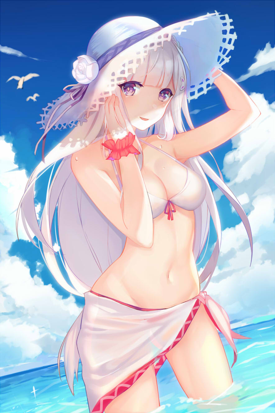 1girl alternate_costume bikini breasts cleavage clouds cloudy_sky collarbone colored_eyelashes day dutch_angle emilia_(re:zero) front-tie_top groin halter_top halterneck hands_on_headwear hat highres holding holding_hat lavender_hair looking_at_viewer medium_breasts midriff navel ocean open_mouth outdoors partially_submerged re:zero_kara_hajimeru_isekai_seikatsu sarong scrunchie sky solo standing standing_on_liquid sun_hat swimsuit tong_pole violet_eyes wading water white_bikini wrist_cuffs wrist_scrunchie