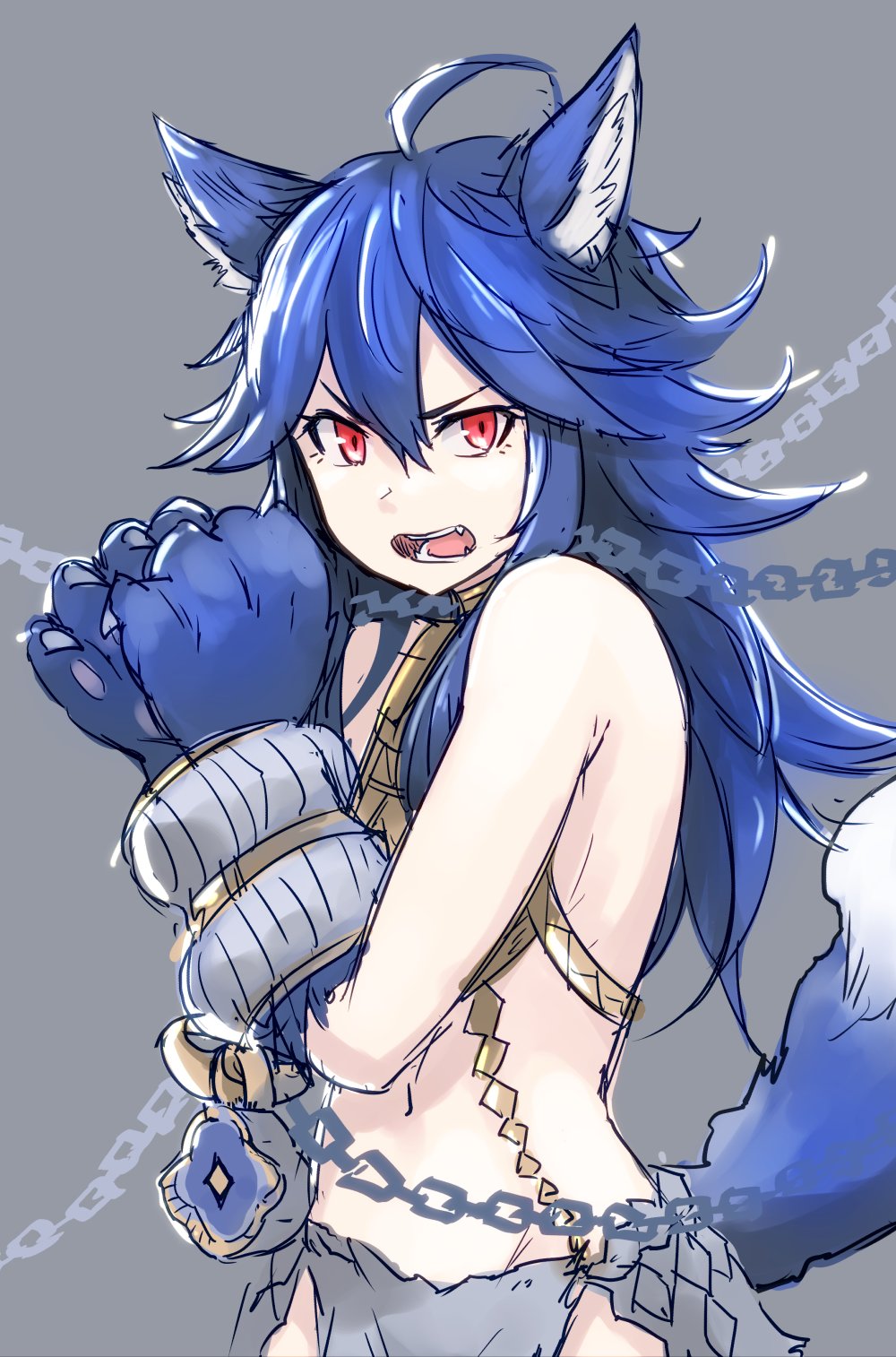 &gt;:( 1girl ahoge animal_ears bangs bare_shoulders blue_hair bound bound_wrists chains choker fangs fenrir_(shingeki_no_bahamut) flat_chest frown granblue_fantasy grey_background groin hair_between_eyes highres jewelry long_hair navel necklace nosuku open_mouth paws red_eyes shingeki_no_bahamut simple_background solo tail teeth tsurime wolf_ears wolf_paws wolf_tail
