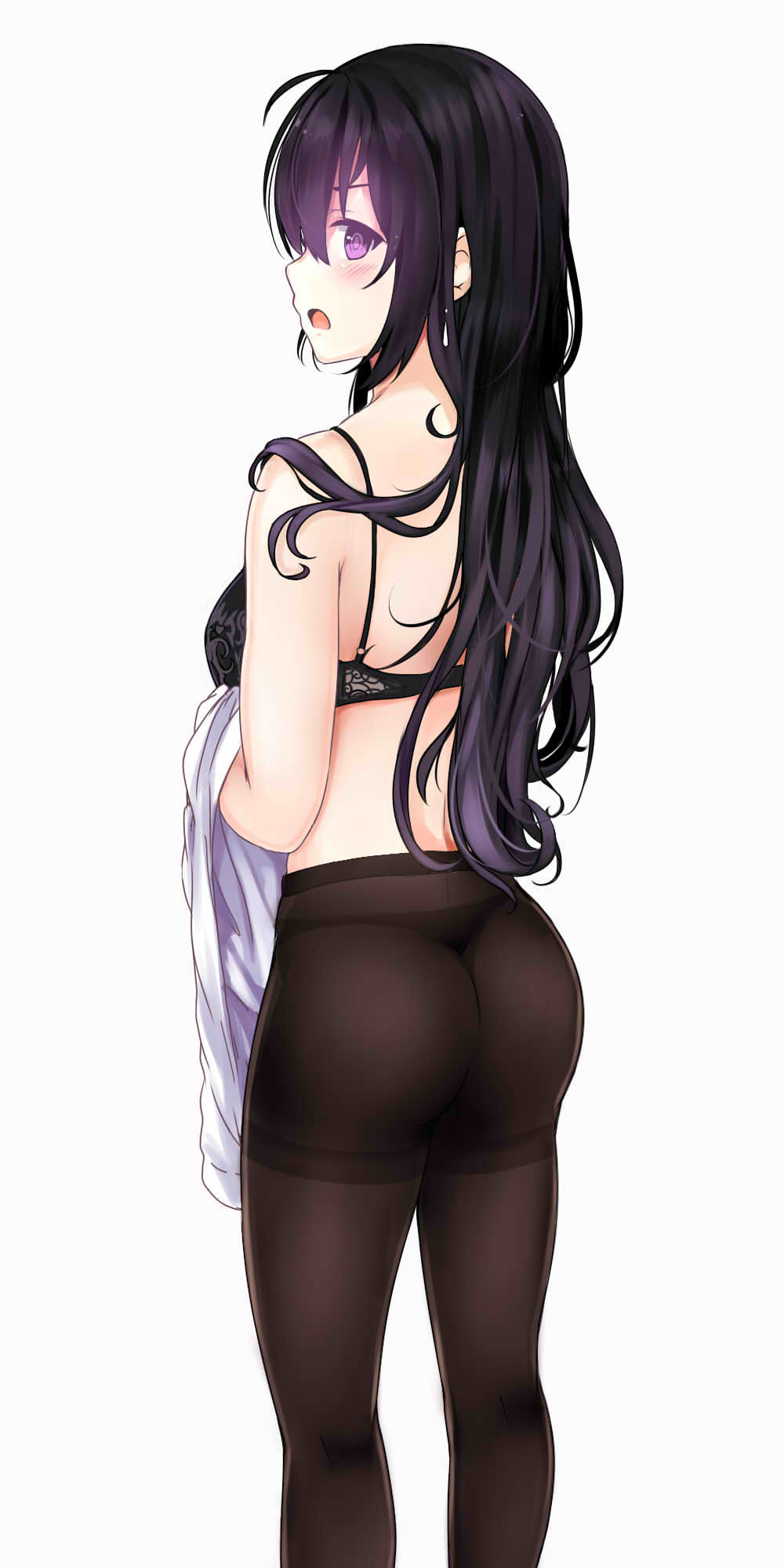 1girl ass beifeng_han black_bra black_hair blush bra breasts crotch_seam from_behind hair_between_eyes highres long_hair looking_back miyaura_sanshio open_mouth original panties panties_under_pantyhose pantyhose profile simple_background solo thighband_pantyhose thong underwear undressing violet_eyes