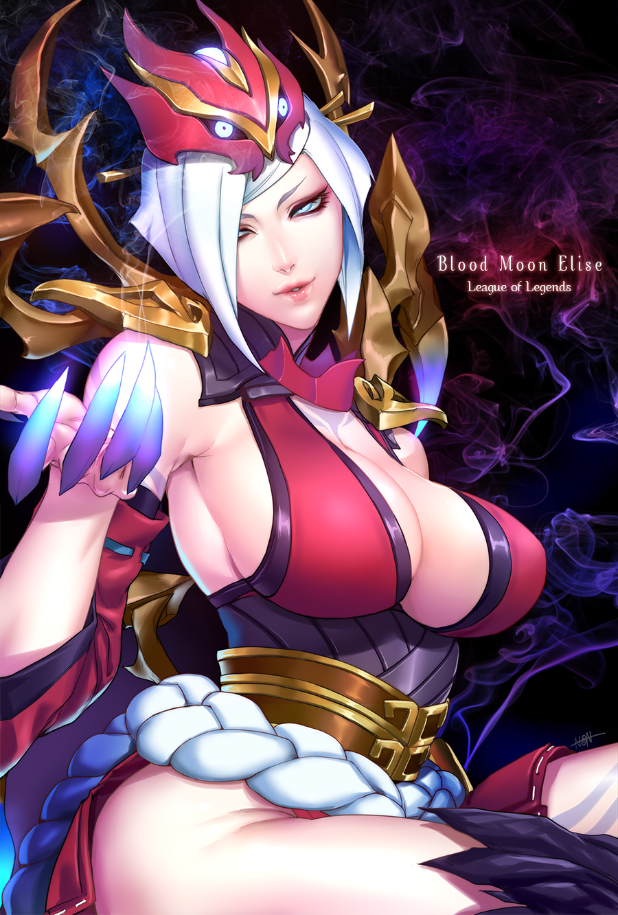 1girl armor armpits bangs blood_moon_elise blue_eyes braid breasts claws cleavage cleavage_cutout commentary_request dark_background detached_sleeves elise_(league_of_legends) elise_de_la_serre english glowing headwear highres insect_girl large_breasts league_of_legends long_hair looking_at_viewer monster_girl non_(nonzile) parted_lips shadow shoulder_armor shoulder_spikes sideboob sketch smile spider_girl spikes thigh-highs thighs very_long_hair white_hair wide_sleeves