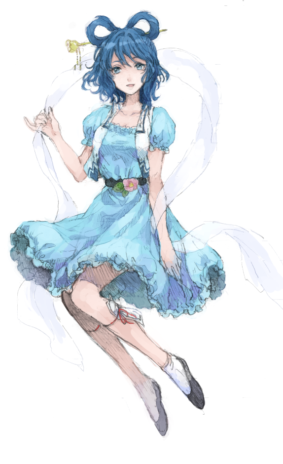 1girl aimai-me belt blue_eyes blue_hair dress flower frills full_body hagoromo hair_ornament hair_rings hair_stick kaku_seiga ofuda open_mouth sash shawl shoes short_hair sketch smile socks solo touhou white_background