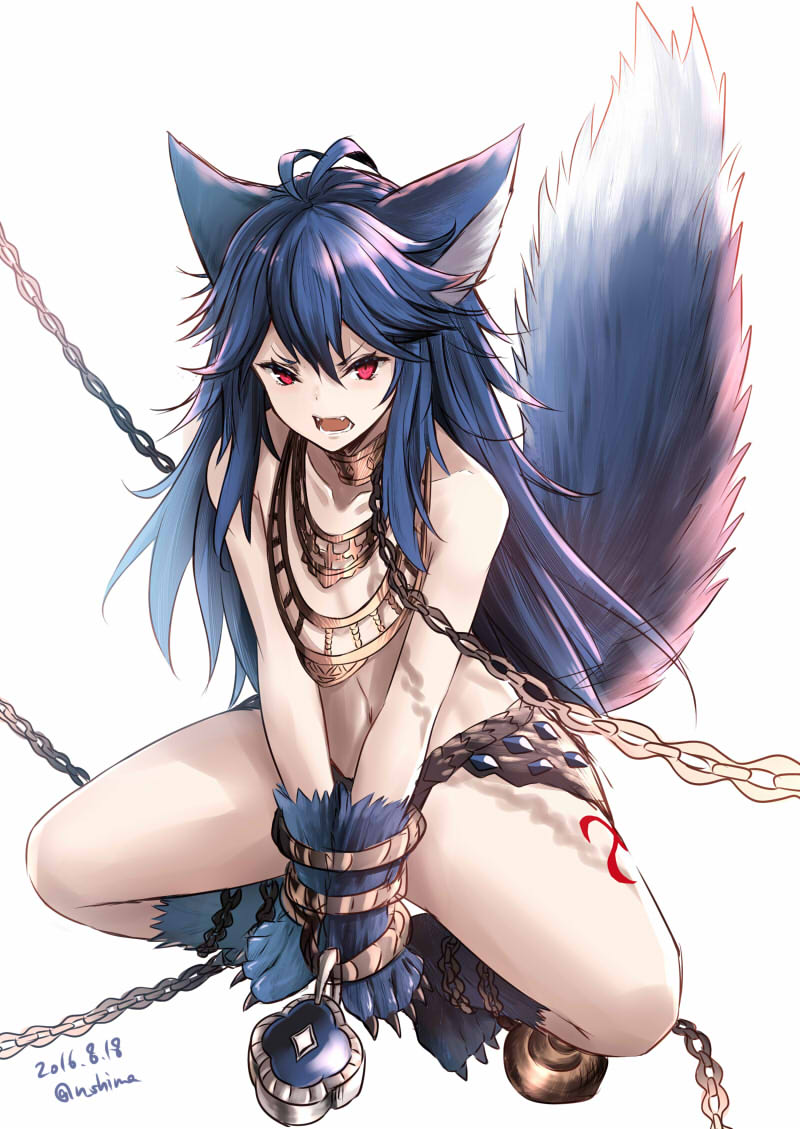 &gt;:( 1girl 2016 animal_ears antenna_hair bangs bare_shoulders blue_hair bound bound_wrists chains choker claws dated fangs fenrir_(shingeki_no_bahamut) flat_chest frown granblue_fantasy hair_between_eyes jewelry long_hair nabeshima_tetsuhiro navel necklace open_mouth paws pink_eyes shingeki_no_bahamut simple_background solo squatting tail tattoo teeth tsurime twitter_username white_background wolf_ears wolf_paws wolf_tail