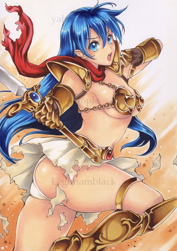 armor asou_yuuko ass blue_eyes blue_hair boots breasts gauntlets gloves holding holding_weapon knee_boots large_breasts long_hair looking_at_viewer mugen_senshi_valis open_mouth panties pauldrons red_scarf scarf simple_background skirt sword torn_clothes underwear valis weapon