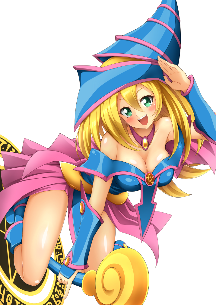 1girl bare_shoulders blonde_hair blue_boots blush blush_stickers boots breasts choker cleavage dark_magician_girl duel_monster green_eyes hat jam_(jam0601) large_breasts long_hair open_mouth pentacle smile solo staff wizard_hat yu-gi-oh! yuu-gi-ou_duel_monsters