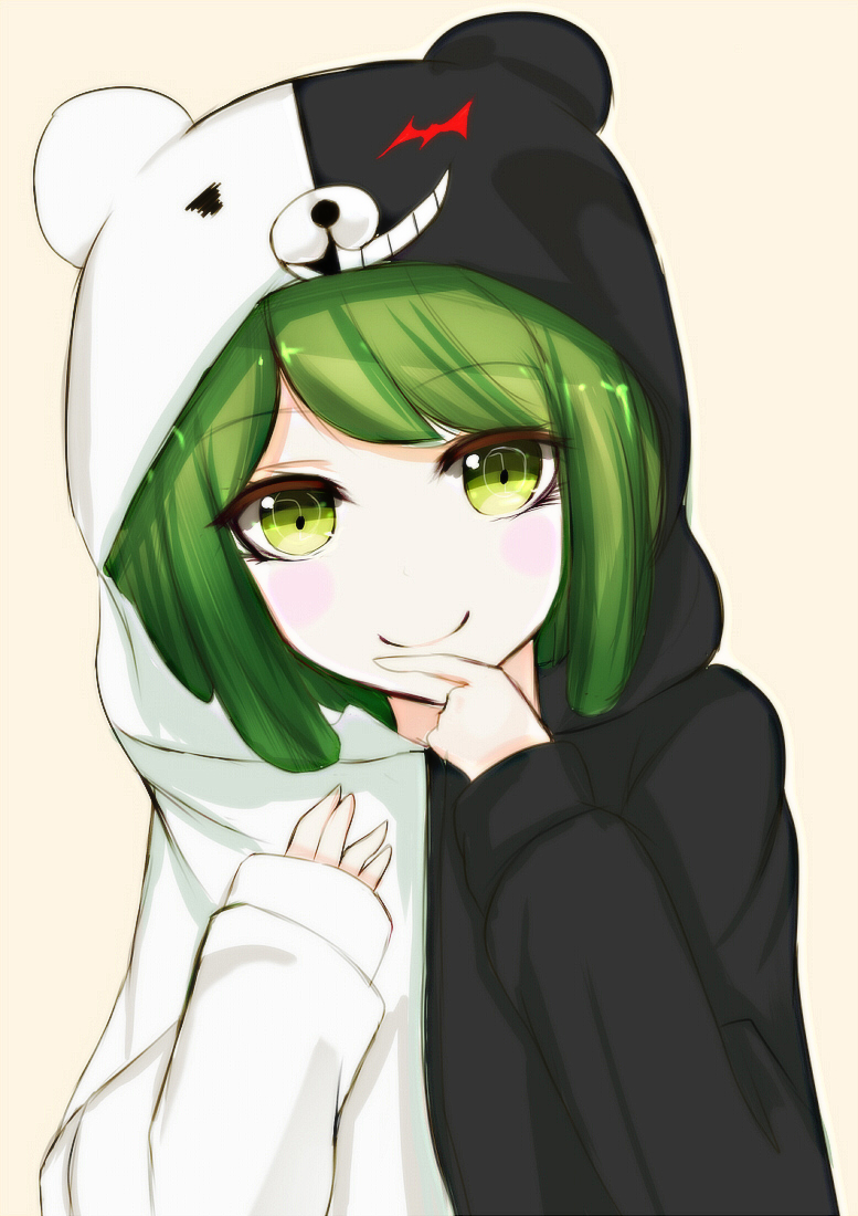 1girl bangs beige_background blush closed_mouth cosplay dangan_ronpa dangan_ronpa_1 dangan_ronpa_3 eyebrows eyebrows_visible_through_hair eyelashes fyy_(849478254) green_eyes green_hair hand_on_own_chest hand_on_own_face head_tilt hood hooded_jacket jacket long_sleeves matching_hair/eyes monaka_(dangan_ronpa) monokuma monokuma_(cosplay) parted_bangs simple_background smile solo zettai_zetsubou_shoujo