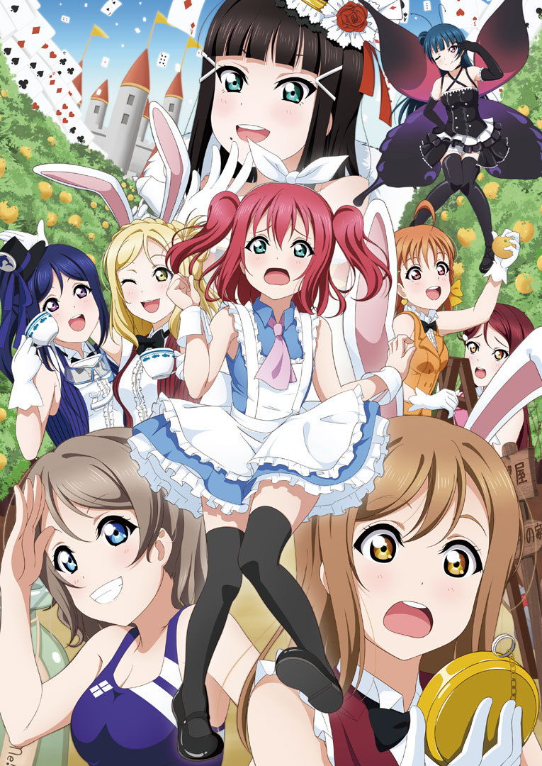 6+girls alice_(wonderland)_(cosplay) alice_in_wonderland animal_ears butterfly card castle competition_swimsuit cosplay cup everyone food fruit kunikida_hanamaru kurosawa_dia kurosawa_ruby love_live! love_live!_school_idol_project love_live!_sunshine!! mary_janes matsuura_kanan multiple_girls official_style ohara_mari one-piece_swimsuit orange playing_card pocket_watch rabbit_ears sakurauchi_riko salute shoes swimsuit takami_chika takamin_apaman teacup tree tsushima_yoshiko watanabe_you watch