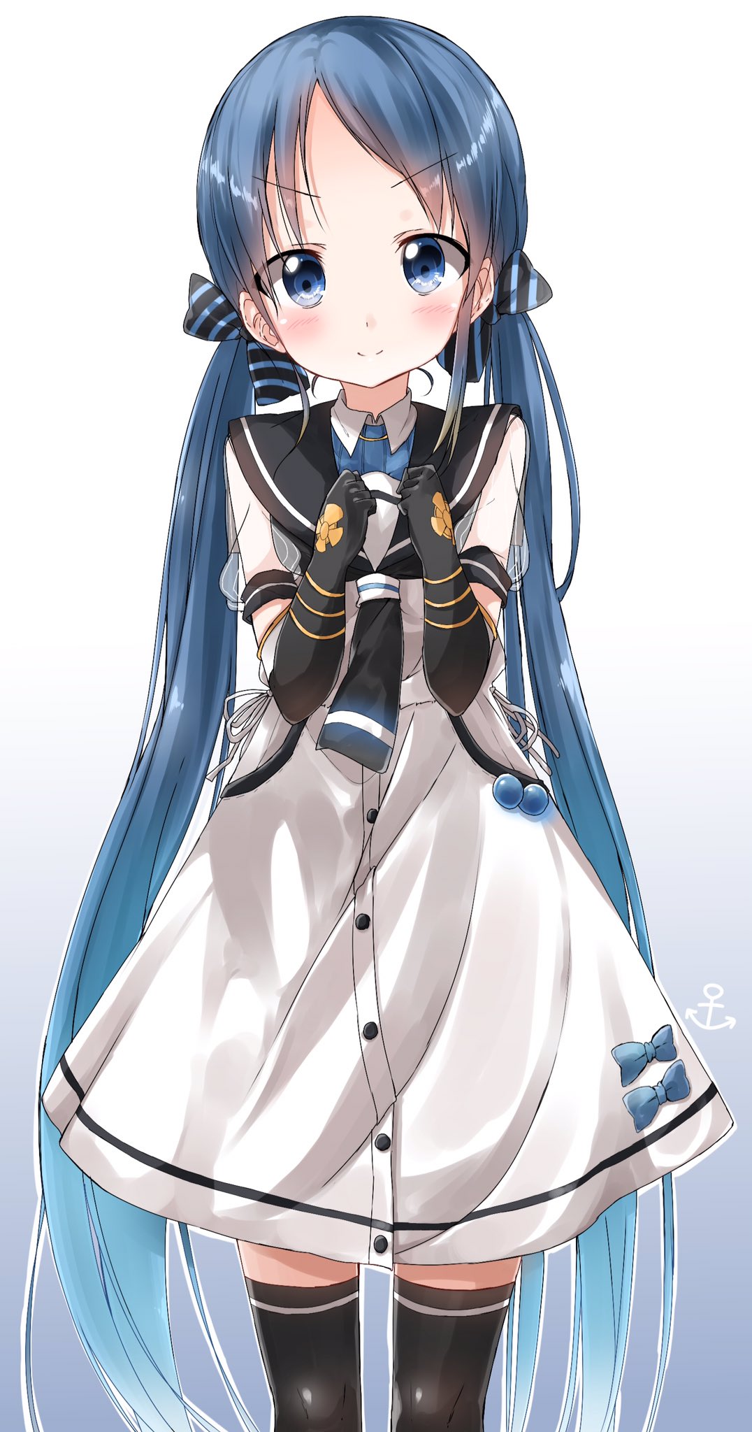 &gt;:) 1girl adapted_costume alternate_hairstyle anchor_symbol black_gloves black_legwear blue_eyes blue_hair blush bow buttons clenched_hands closed_mouth commentary_request dress elbow_gloves eyebrows eyebrows_visible_through_hair gloves gradient gradient_background gradient_hair hair_bow hair_ribbon head_tilt highres kantai_collection long_hair looking_at_viewer low_twintails multicolored_hair neckerchief pentagon_(railgun_ky1206) ribbon sailor_dress samidare_(kantai_collection) school_uniform see-through serafuku short_sleeves simple_background smile solo striped striped_bow thigh-highs twintails very_long_hair white_ribbon zettai_ryouiki