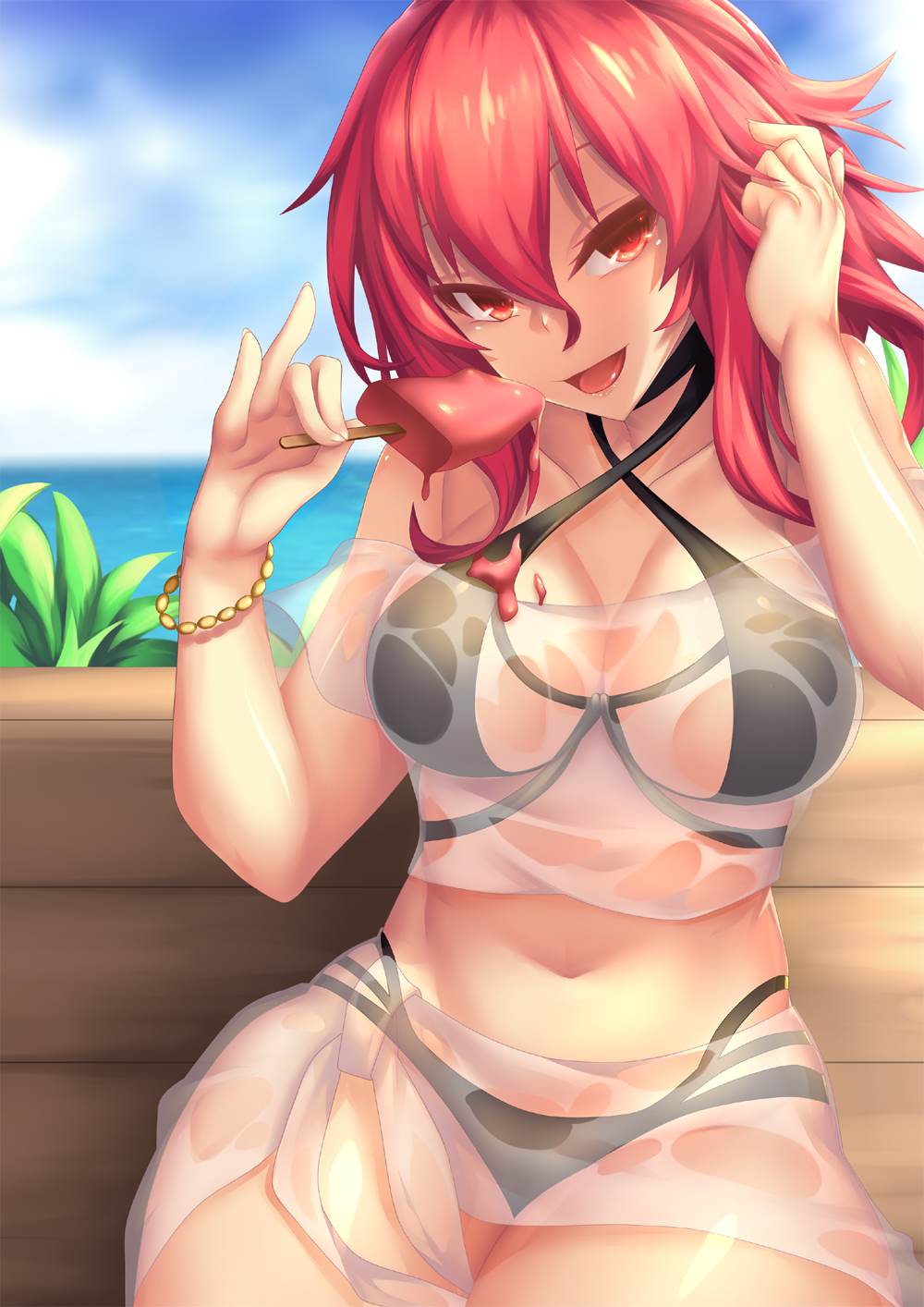 1girl bare_shoulders bikini black_bikini breasts cleavage curvy elesis_(elsword) elsword fi-san highres long_hair looking_at_viewer navel open_mouth popsicle red_eyes redhead sarong see-through sitting smile solo swimsuit thick_thighs tongue wide_hips