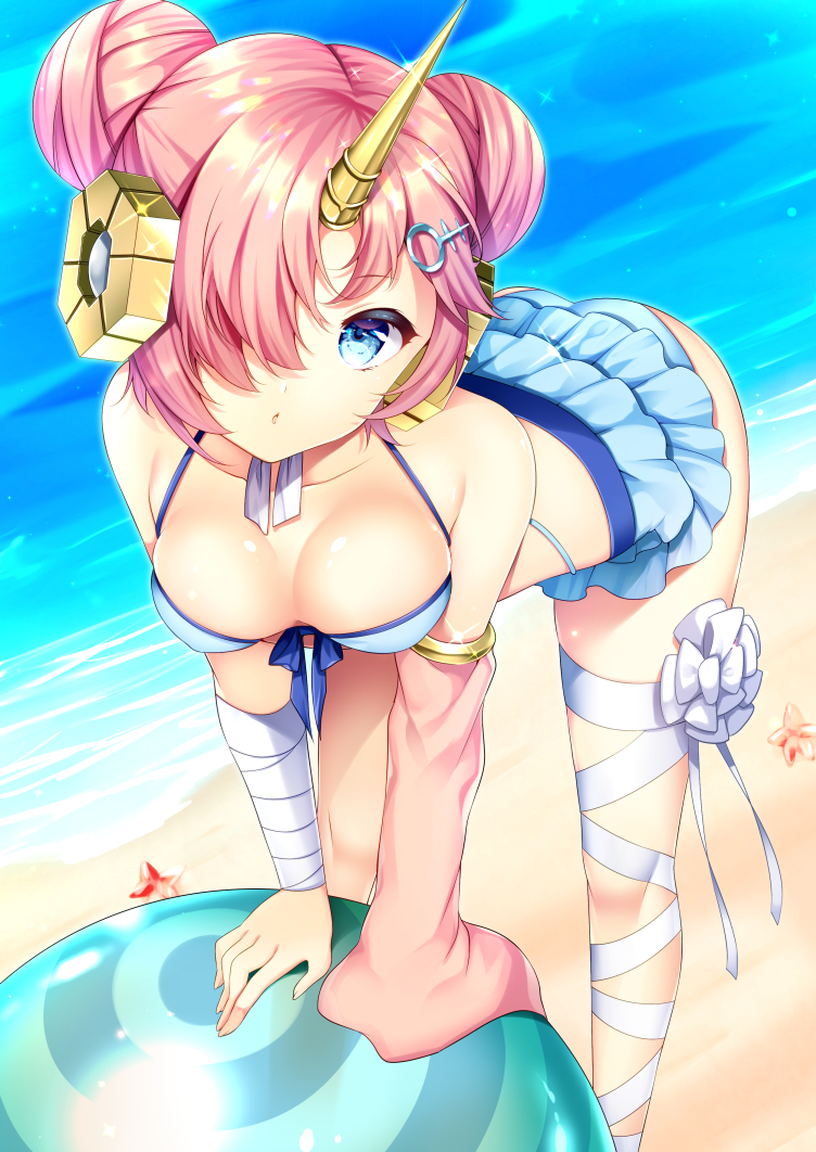 1girl agekichi_(heart_shape) arched_back ass ball bandage bandaged_arm beach beachball bikini blue_bikini blue_eyes breasts chestnut_mouth cleavage collarbone commentary_request cowboy_shot double_bun fate_(series) frankenstein's_monster_(fate) hair_ornament hair_over_eyes hair_over_one_eye headgear heterochromia horn leaning_forward leaning_on_object looking_at_viewer outdoors pink_hair sand single_detached_sleeve solo standing swimsuit water