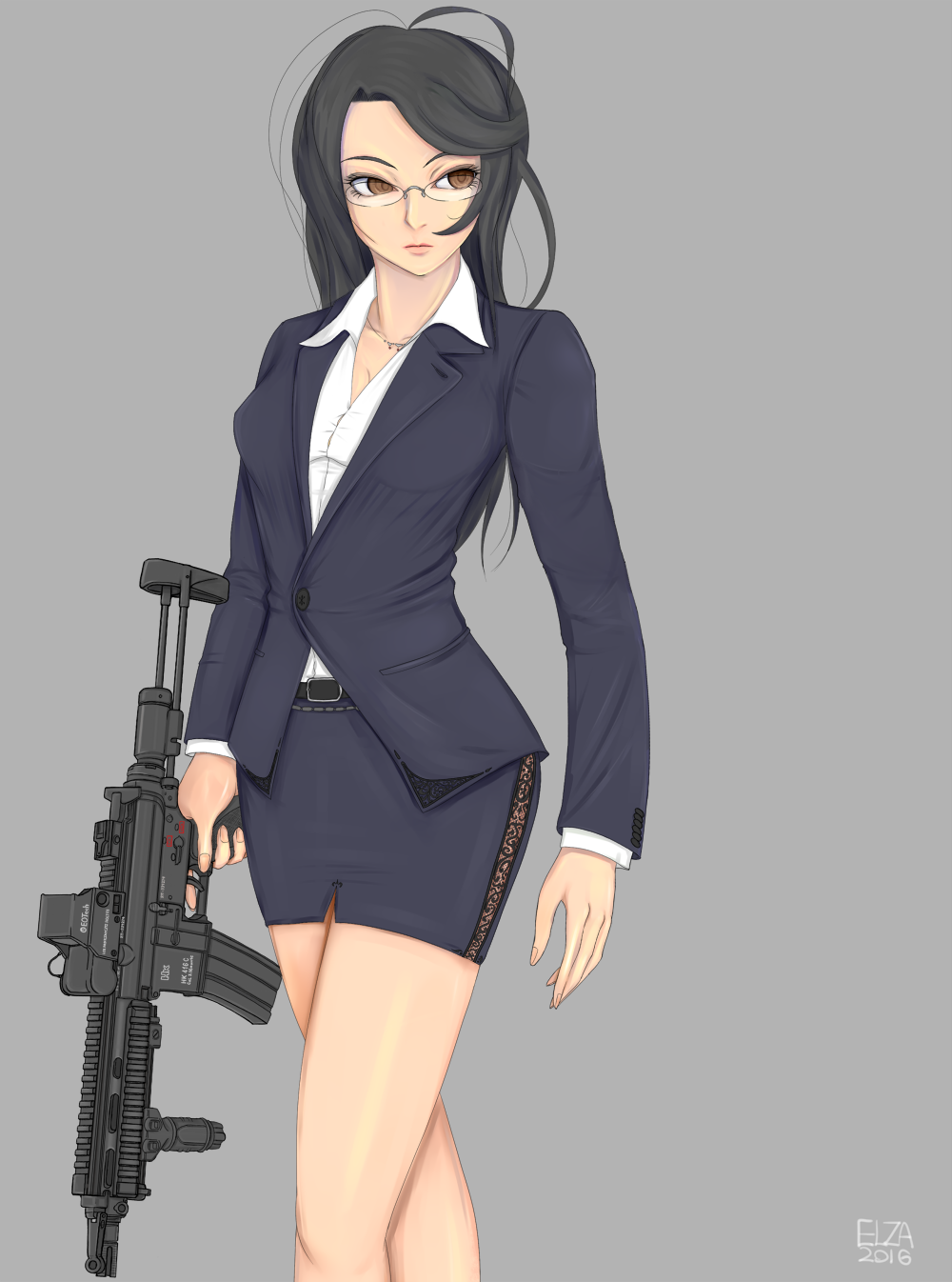 1girl 2016 artist_name assault_rifle bangs belt black_hair blue_jacket blue_skirt breasts brown_eyes cleavage collared_shirt expressionless formal g-e-n glasses grey_background gun heckler_&amp;_koch highres hk416 jacket jewelry lace lace-trimmed_skirt lips long_hair looking_to_the_side medium_breasts miniskirt necklace office_lady open_collar original rifle shirt side_slit simple_background skirt solo suit taut_clothes taut_shirt thighs weapon white_shirt