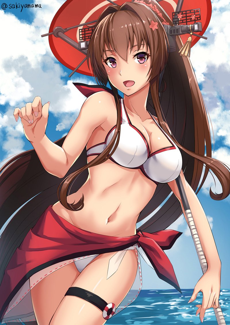 1girl :d adapted_costume artist_name bare_arms bare_shoulders bikini blue_sky breasts brown_hair cherry_blossoms cleavage collar collarbone day flower hair_between_eyes hair_flower hair_intakes hair_ornament headgear holding holding_umbrella horizon kantai_collection kikumon long_hair looking_at_viewer medium_breasts navel ocean open_mouth oriental_umbrella outdoors parasol sakiyamama sarong shiny shiny_skin sky smile solo summer swimsuit tan thigh_strap umbrella very_long_hair water white_bikini yamato_(kantai_collection)