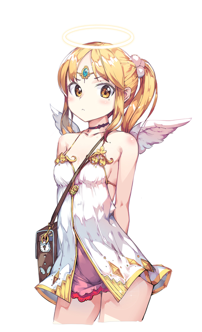 1girl angel angel_wings arms_behind_back blonde_hair blush halo looking_at_viewer newey original simple_background solo white_background wings yellow_eyes