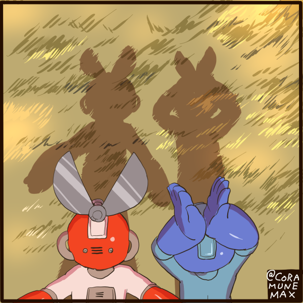 2boys arms_up coramune cutman from_behind grass helmet male_focus multiple_boys no_humans robot rockman rockman_(character) rockman_(classic) shadow shiny twitter_username
