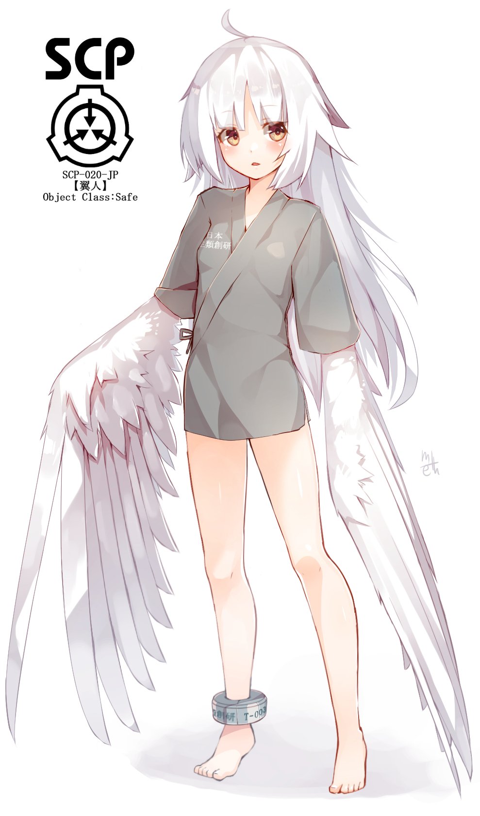 1girl ahoge ankle_cuffs anklet artist_name bangs bare_legs barefoot blunt_bangs blush character_name clothes_writing commentary_request copyright_name eyebrows eyebrows_visible_through_hair glance harpy highres hospital_gown jewelry long_hair looking_at_viewer looking_away meth_(emethmeth) monster_girl no_pants open_mouth parted_lips scp-020-jp scp_foundation signature simple_background solo white_background white_hair wings yellow_eyes