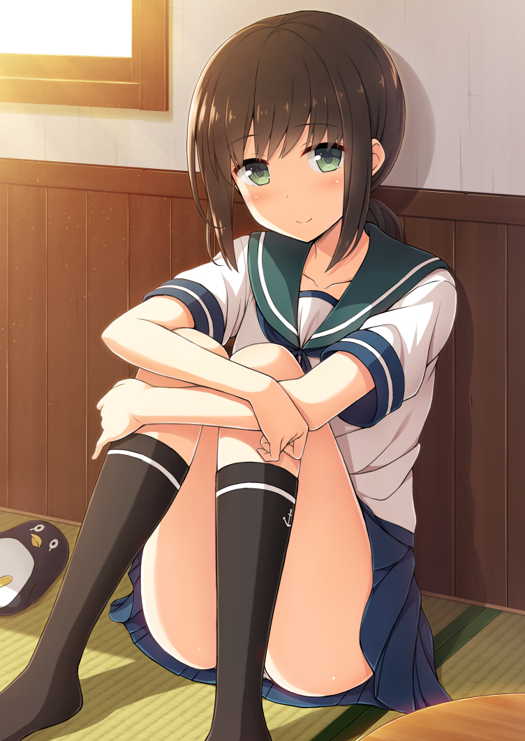 1girl blush brown_hair failure_penguin fubuki_(kantai_collection) green_eyes kantai_collection leg_hug low_ponytail nakamura_sumikage panties pantyshot pantyshot_(sitting) pleated_skirt school_uniform serafuku short_ponytail sitting skirt smile solo tatami underwear window