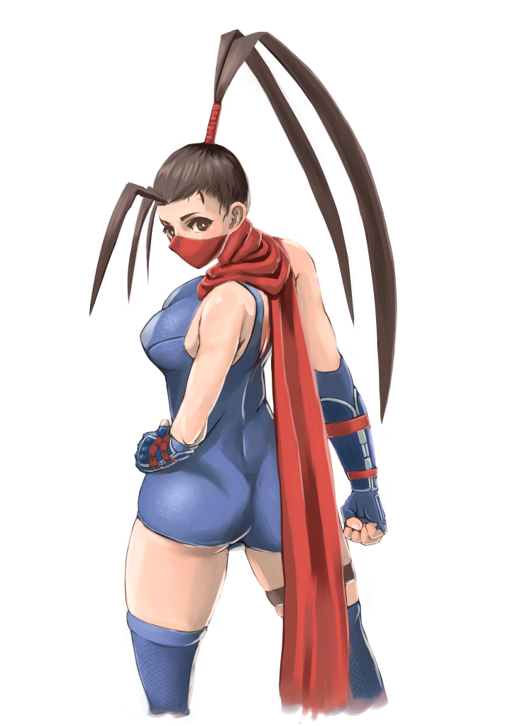 1girl alternate_costume arm_guards ass ebi_typer ibuki_(street_fighter) looking_at_viewer looking_back one-piece_swimsuit scarf school_swimsuit solo street_fighter street_fighter_v swimsuit thigh-highs