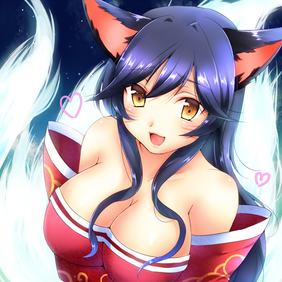 1girl ahri animal_ears bare_shoulders black_hair breasts cleavage detached_sleeves facial_mark fox_ears fox_tail heart kinoope korean_clothes large_breasts league_of_legends long_hair looking_at_viewer open_mouth slit_pupils solo tail whisker_markings yellow_eyes