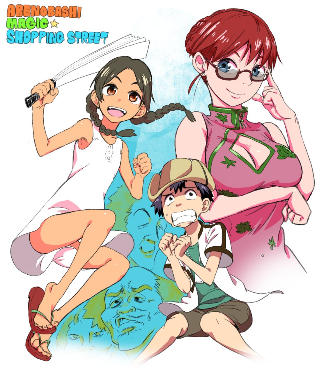 00s 2girls 4boys abenobashi_mahou_shoutengai asahina_arumi asahina_masayuki black_hair blue_eyes braid breast_cutout breasts cargo_shorts character_request china_dress chinese_clothes cleavage clenched_hand clenched_teeth commentary dark_skin dress fan feet glasses hand_on_own_chest hat highres imamiya_satoshi jumping knees_together_feet_apart multiple_boys multiple_girls munemune nakahara_keihei open_mouth paper_fan red_eyes redhead sandals shorts sweat teeth toes twin_braids white_dress