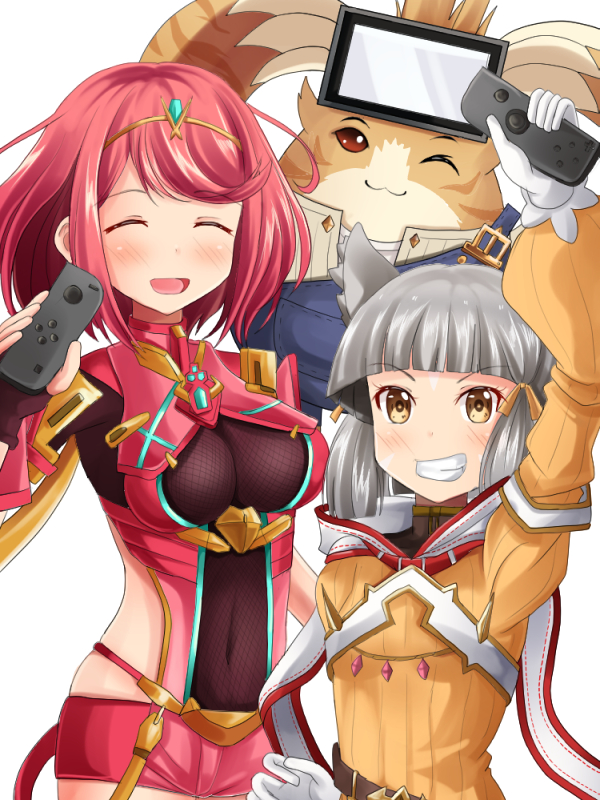 1boy 2girls animal_ears armor bangs blunt_bangs bodysuit cat_ears eyebrows gloves pyra_(xenoblade) hood jewelry joy-con long_sleeves looking_at_viewer multiple_girls nintendo nintendo_switch niyah nopon redhead ribbon short_hair sidelocks silver_hair simple_background smile tiara tora_(xenoblade) white_gloves xenoblade xenoblade_2 yayoi_kotoyuki yellow_bodysuit yellow_eyes