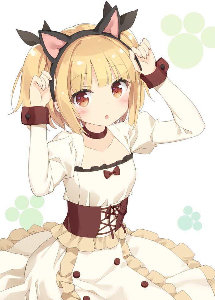 1girl :o animal_ears arms_up blonde_hair blush bow brown_eyes cat_ears choker collarbone dress fake_animal_ears flat_chest frilled_dress frills hair_ribbon hairband iijima_yun juliet_sleeves long_sleeves new_game! paw_print peko puffy_sleeves ribbon solo two_side_up underbust white_background wrist_cuffs