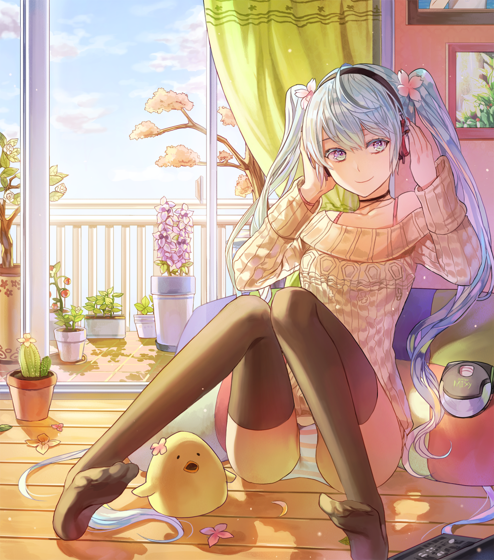 1girl ahoge balcony bare_shoulders black_legwear blue_hair blue_sky cactus cherry_blossoms choker closed_mouth collarbone curtains day door flower_request hands_on_headphones hatsune_miku headphones horizontal_stripes indoors limobok long_hair long_sleeves looking_at_viewer no_pants off-shoulder_sweater open_door panties pantyshot pantyshot_(sitting) photo_(object) picture_frame plant potted_plant railing sitting sky sliding_doors smile soles solo spring_(season) striped striped_panties stuffed_animal stuffed_duck stuffed_toy sweater thigh-highs tree underwear very_long_hair violet_eyes vocaloid wooden_floor