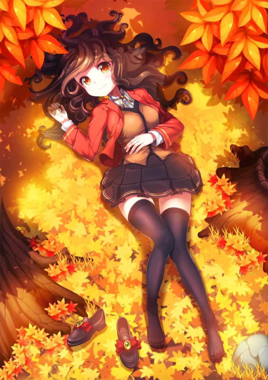 1girl autumn_leaves blazer brown_eyes brown_hair christinya highres jacket leaf loafers long_hair lying on_back original school_uniform shoes shoes_removed skirt smile solo thigh-highs tree tree_stump zettai_ryouiki